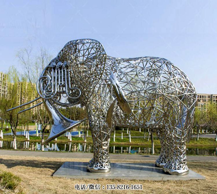 不銹鋼大象雕塑，鏡面、幾何塊面、網(wǎng)格編織造型大象雕塑定制